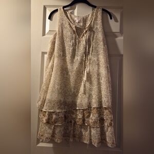 Exhileration Boho V Neck Elegant Cream and Brown Patterned Lined Dress M